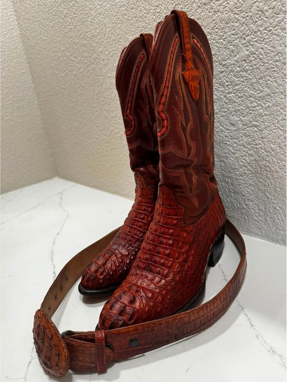 Ferrini Caiman Belly Boots and Belt Set Cognac